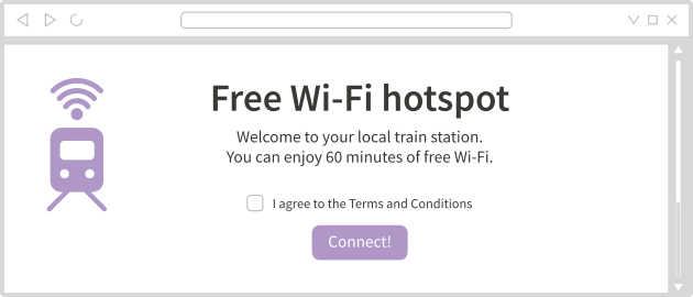 Exemplo de um portal cativo Rede Wi-Fi de uma estação de trem. Clique aqui para 60 minutos de Wi-Fi grátis